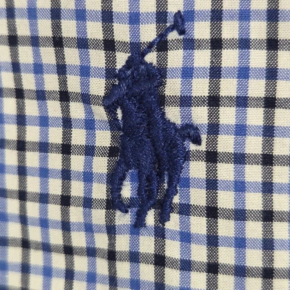 Ralph Lauren Button Down Shirt Mens Large Blue Black Check SLIM FIT Long Sleeve